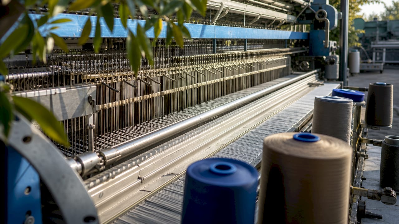 Close-up of textile machine weaving outdoor fabric fibers