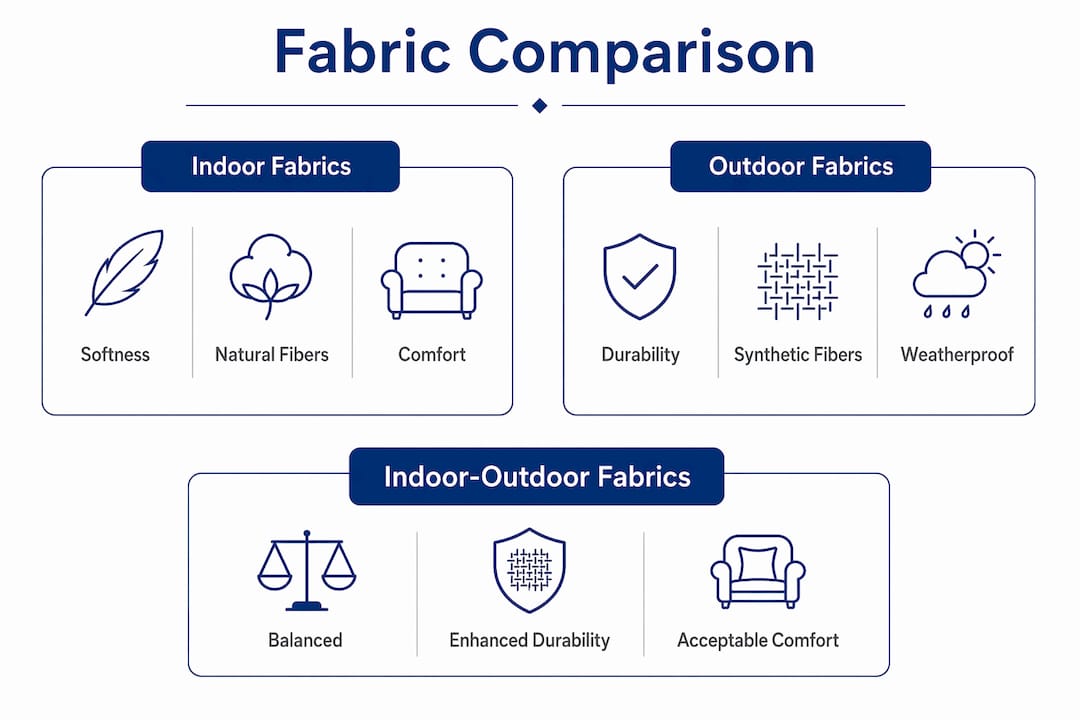 Infographic comparing indoor, outdoor, and indoor-outdoor fabrics