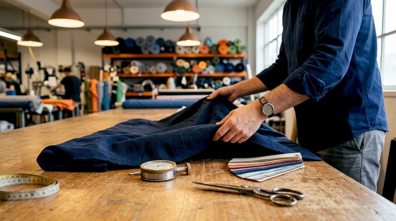 Hands examining hospitality fabric on table