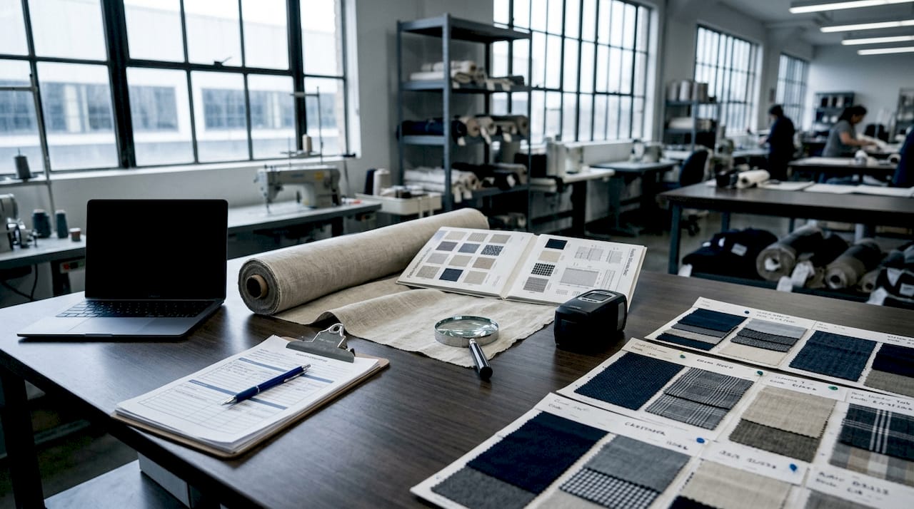 Textile inspection tools and fabric on table overhead