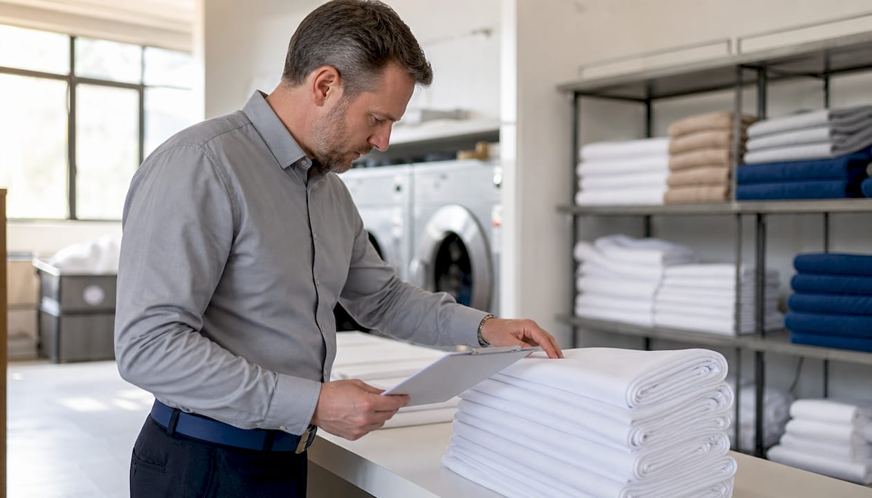 Hotel manager inspecting 400TC satin linens