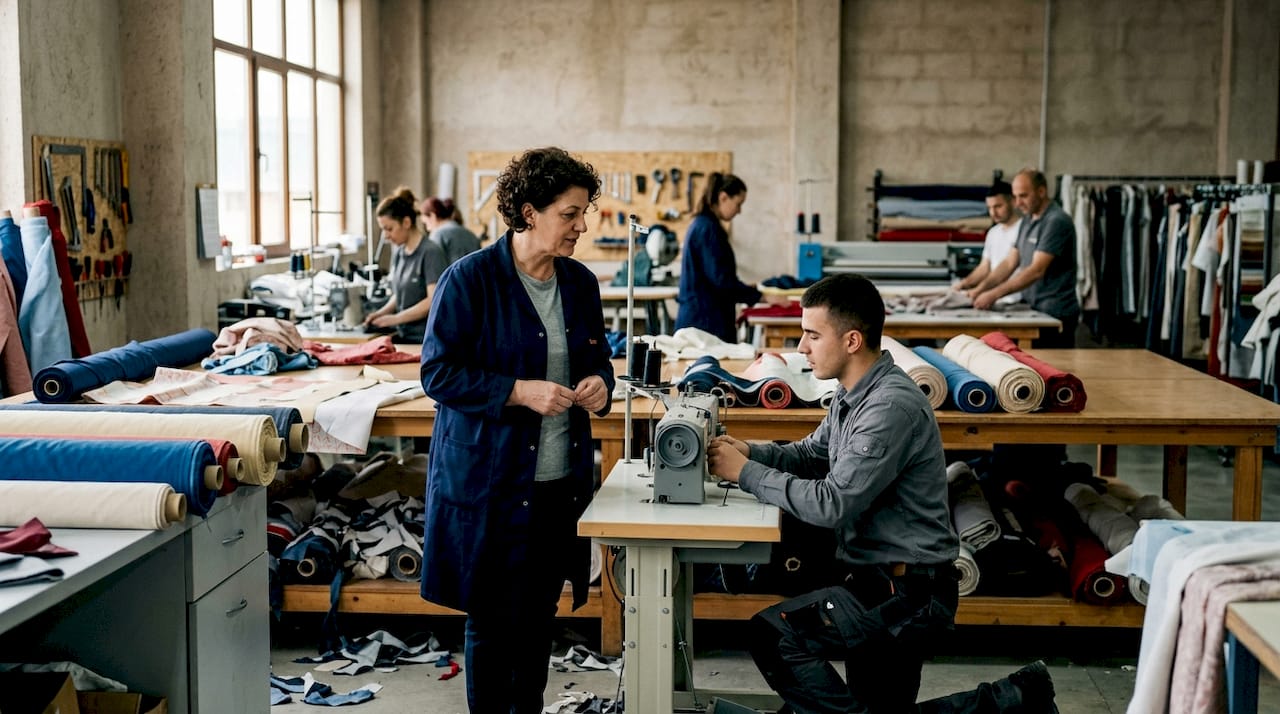 Textile workshop with workers inspecting fabrics