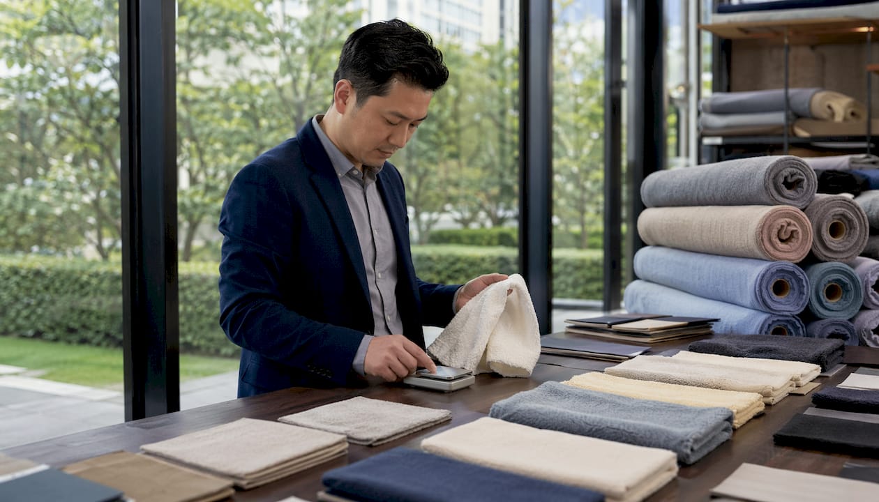 Close-up of hands comparing premium hotel fabric samples