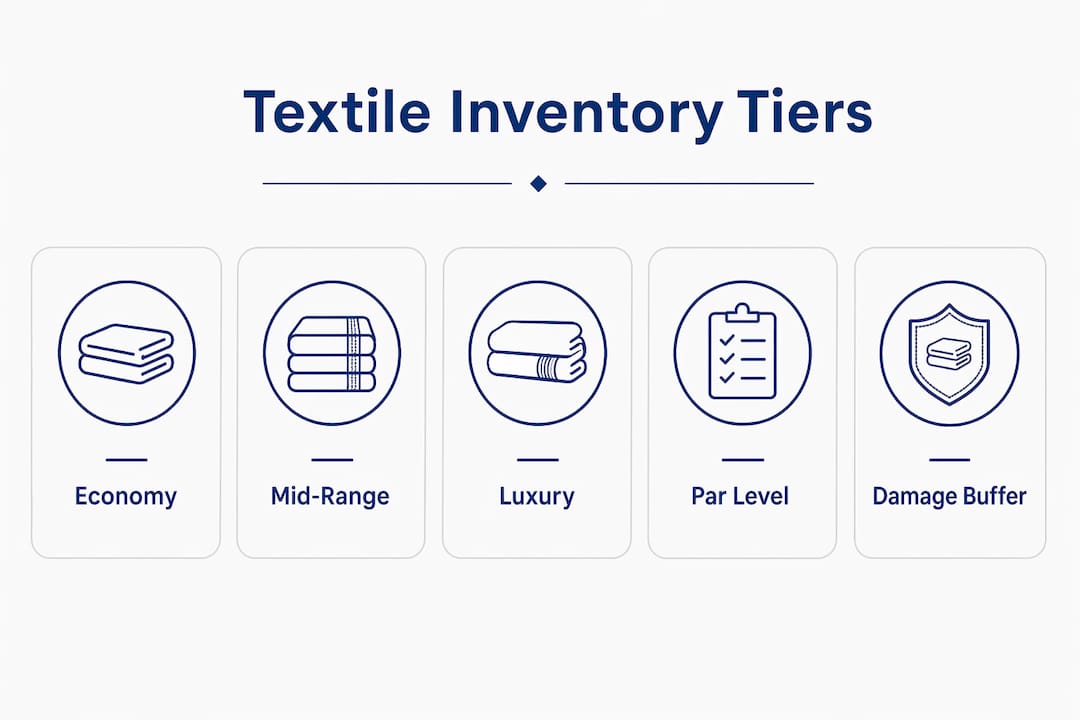 Infographic illustrating hotel textile inventory tiers by category