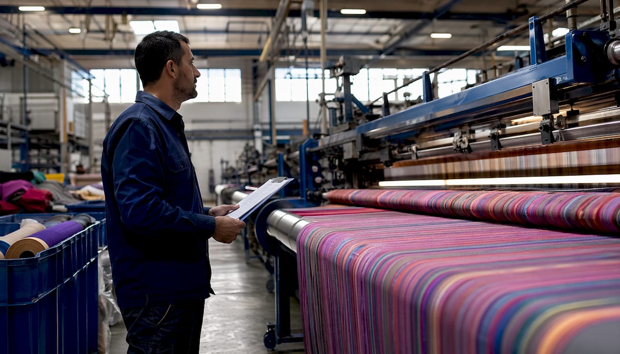 Technician inspecting active industrial textile loom