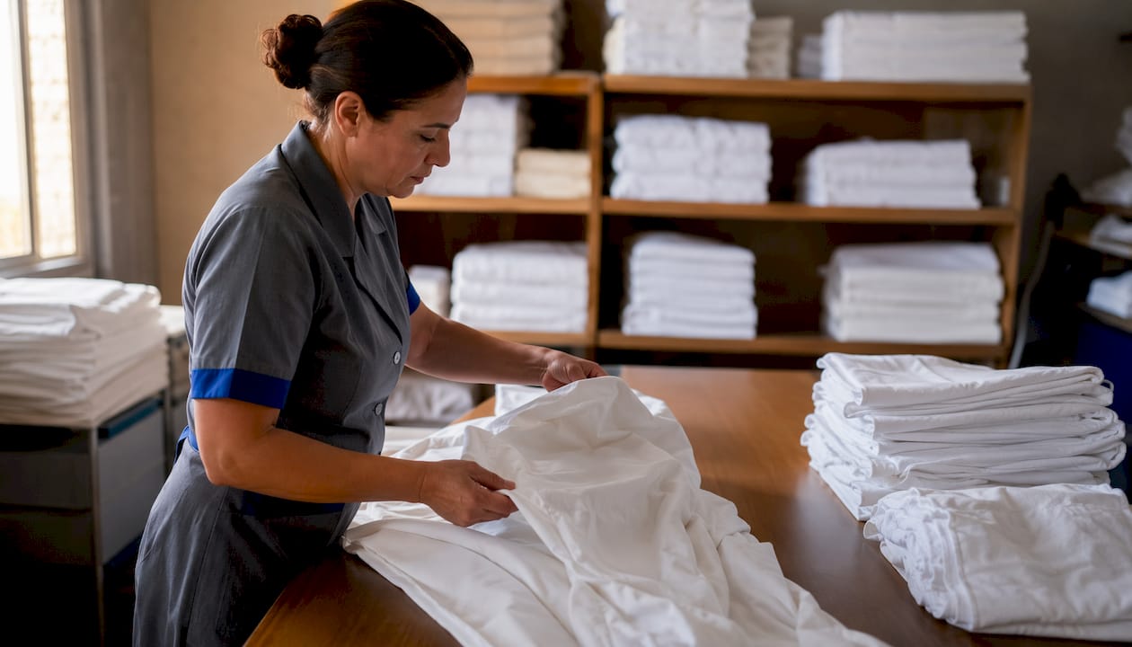 Hands sorting hotel linens by condition
