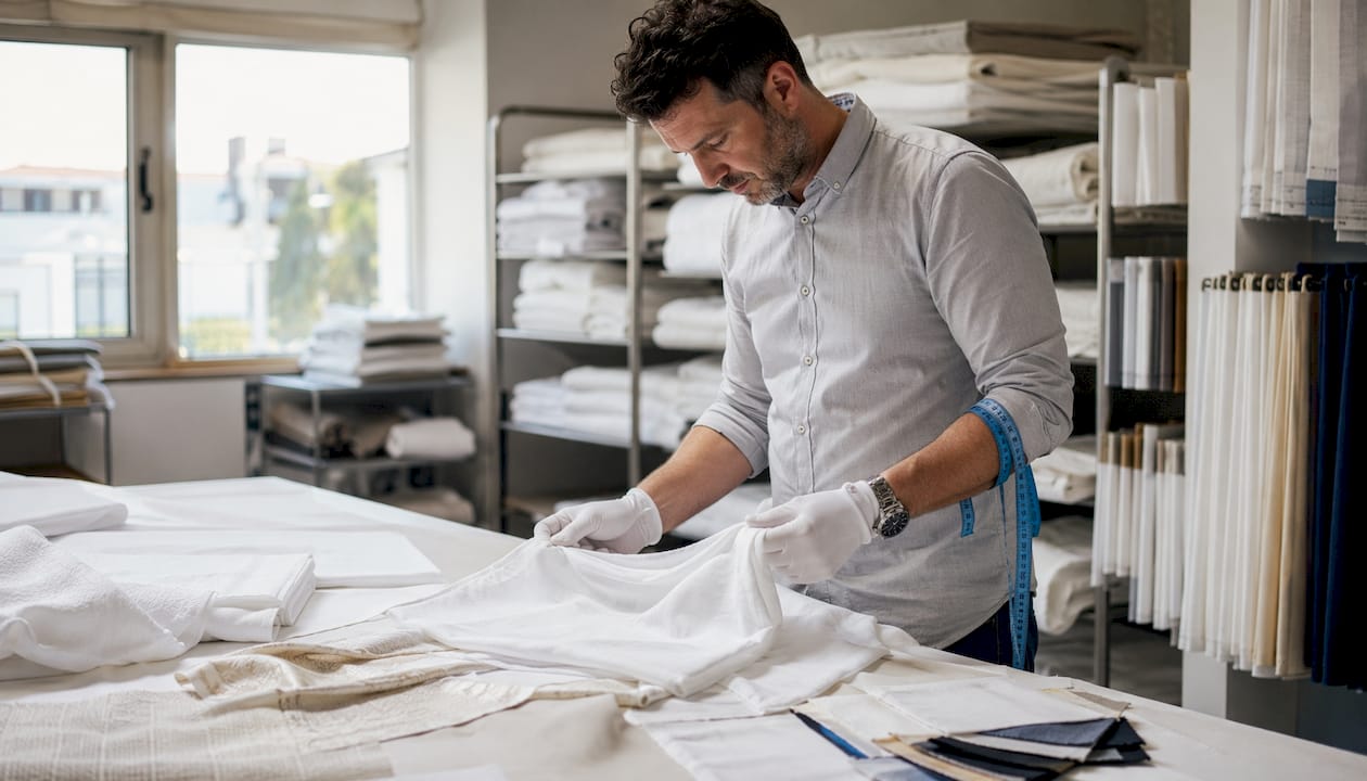 Inspector examining hotel linen fabric quality