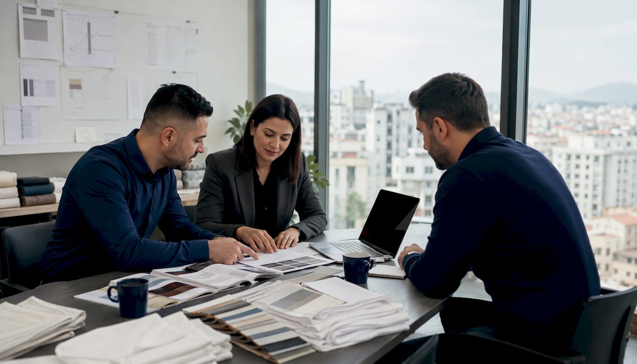 Procurement team discussing linen orders in office