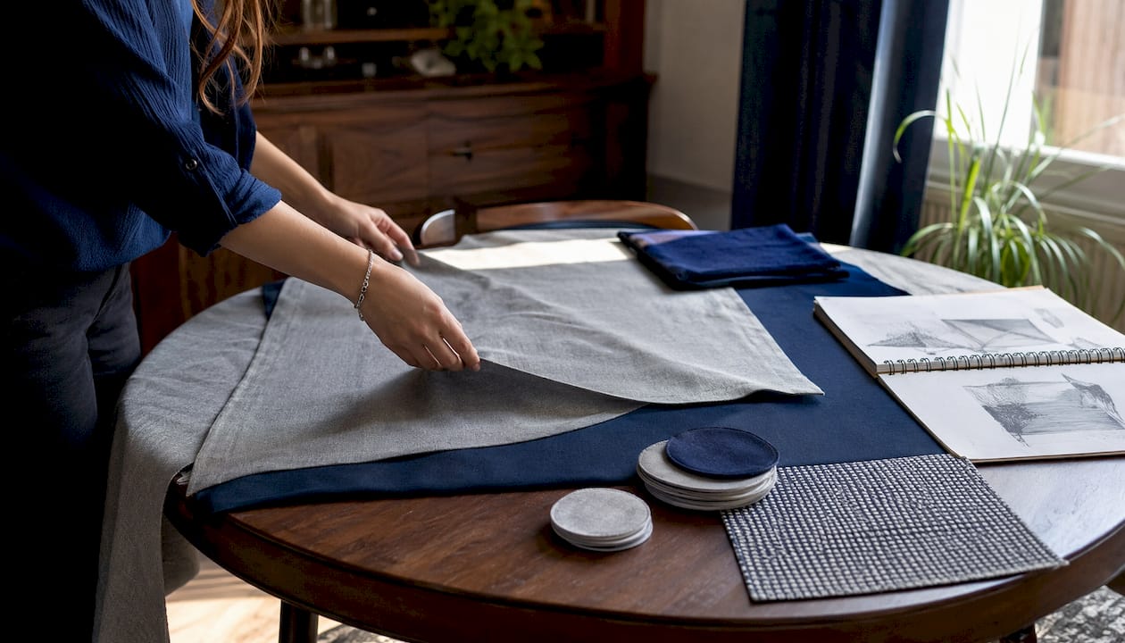Overhead view of hands arranging cloth shapes on table