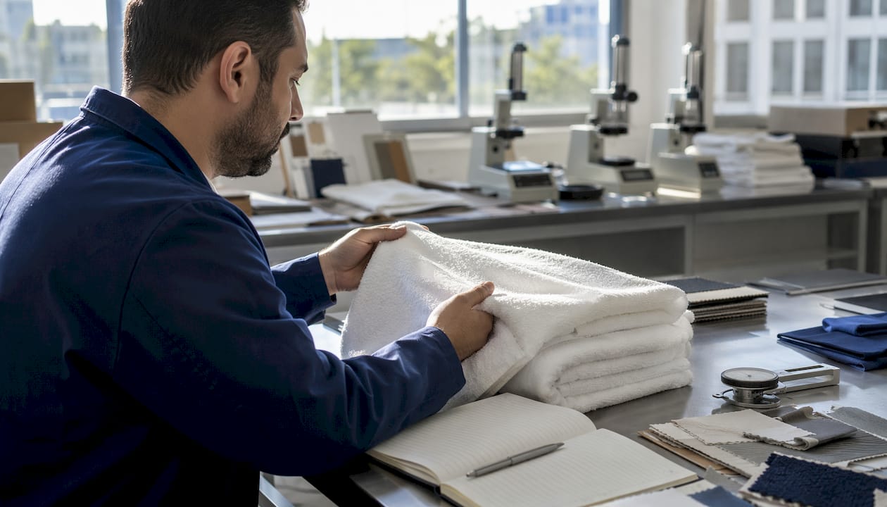 Hands inspecting textile golden sample fabric