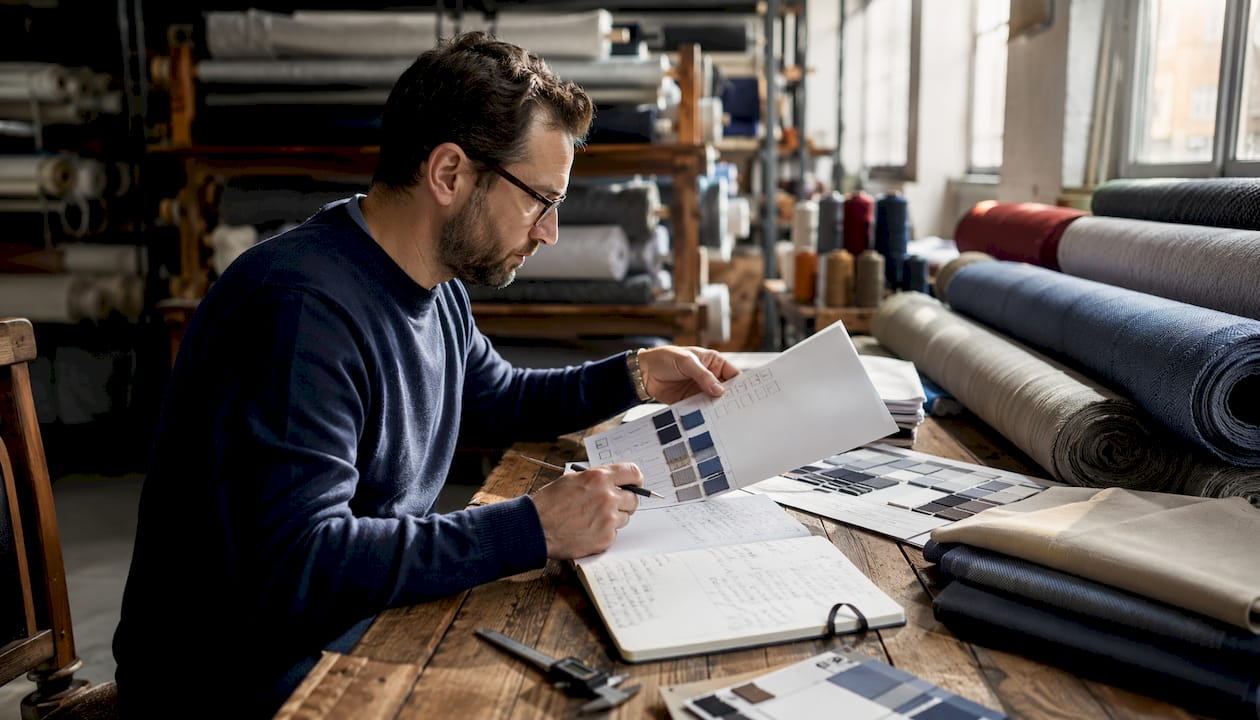 Hands reviewing textile spec sheet with fabric samples