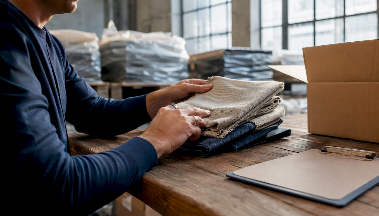 Hands inspecting textile samples and delivery list