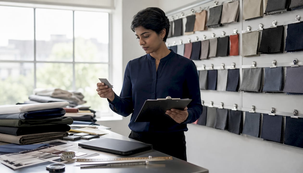 Textile specialist examining polyester-cotton blend ratios