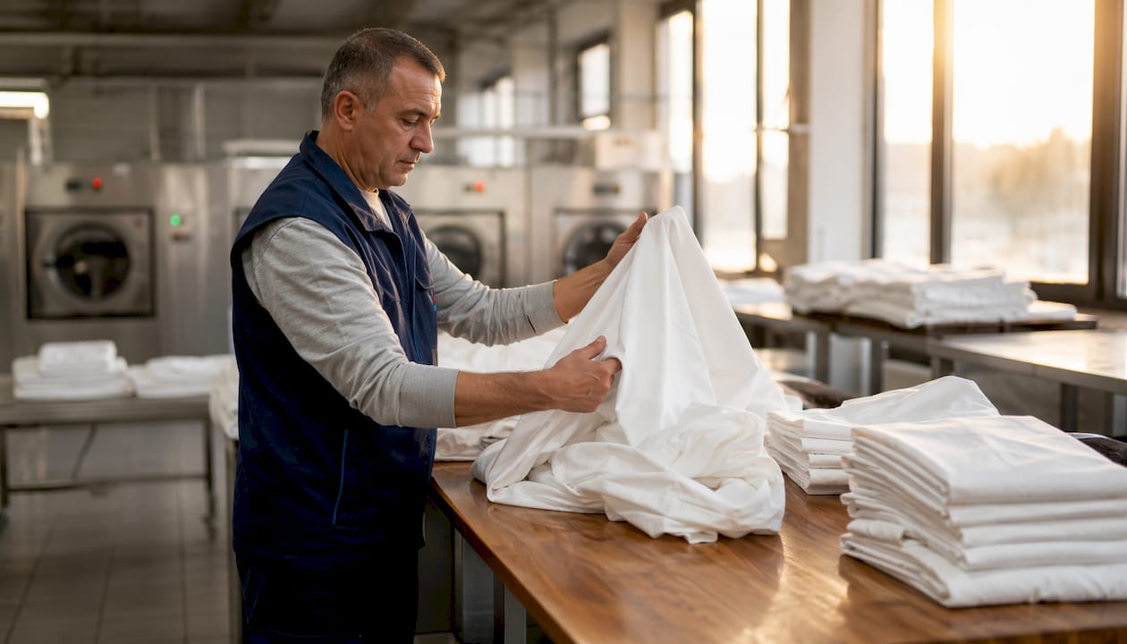 Laundry technician inspecting polyester-cotton linens