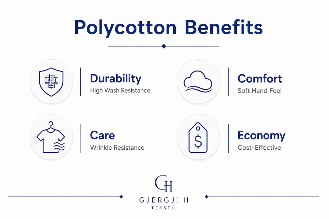 Infographic showing polyester-cotton blend key benefits