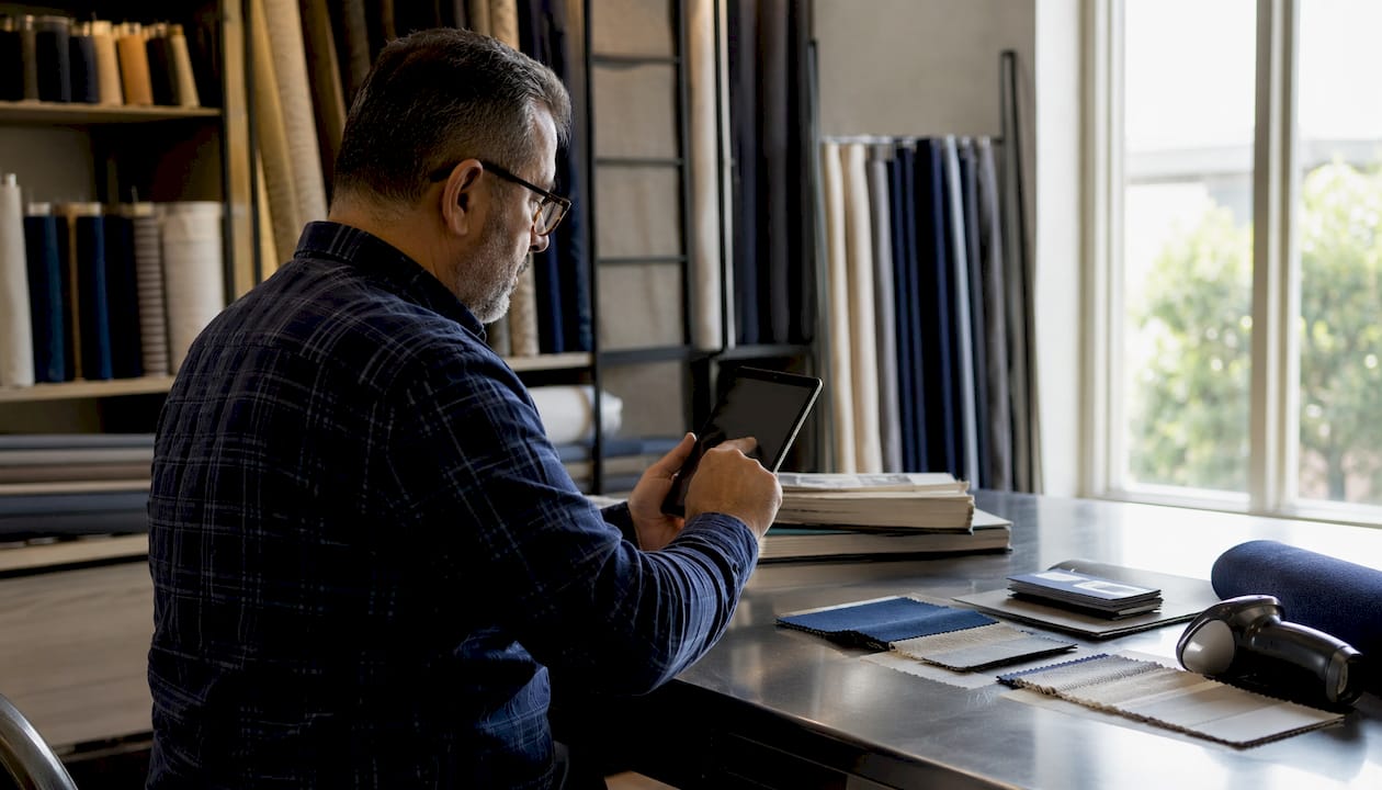 Man reviewing smart textile supply chain data
