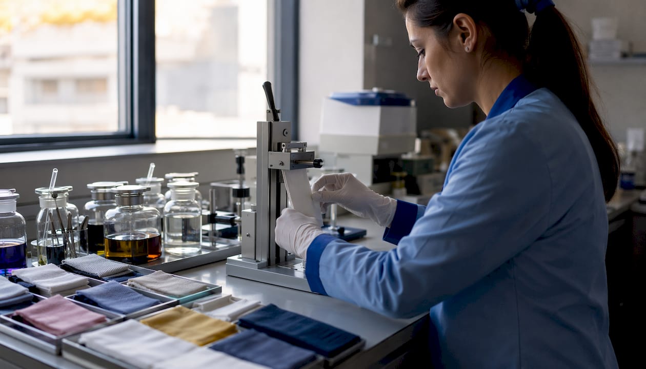 Lab technician testing fabric color fastness