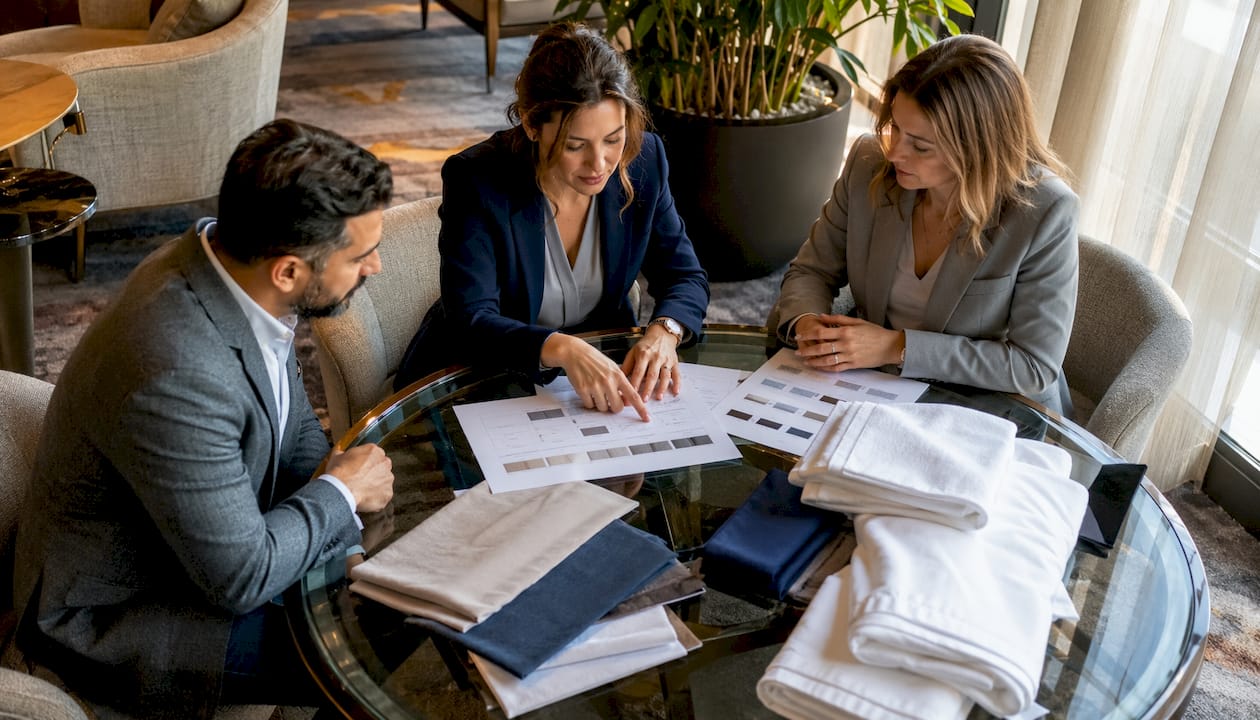 Procurement team reviewing linen specs
