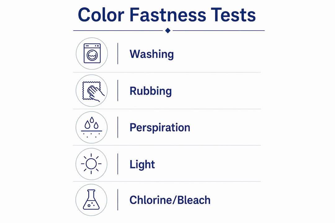 Infographic showing color fastness test types and order