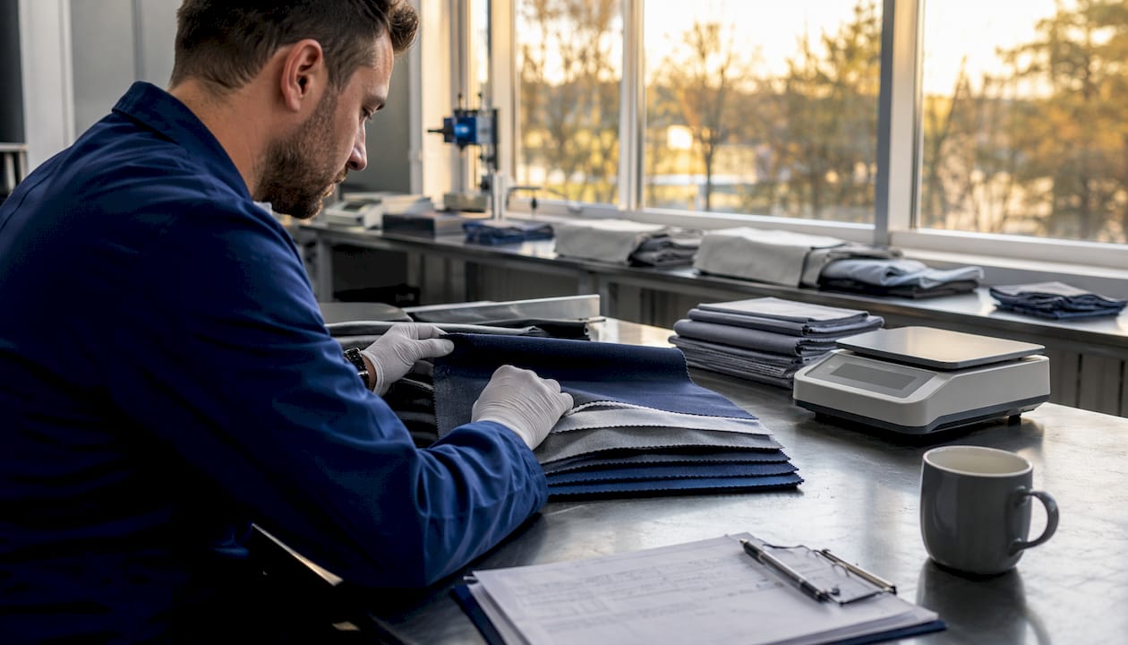 Fabric swatches and lab testing tools on desk