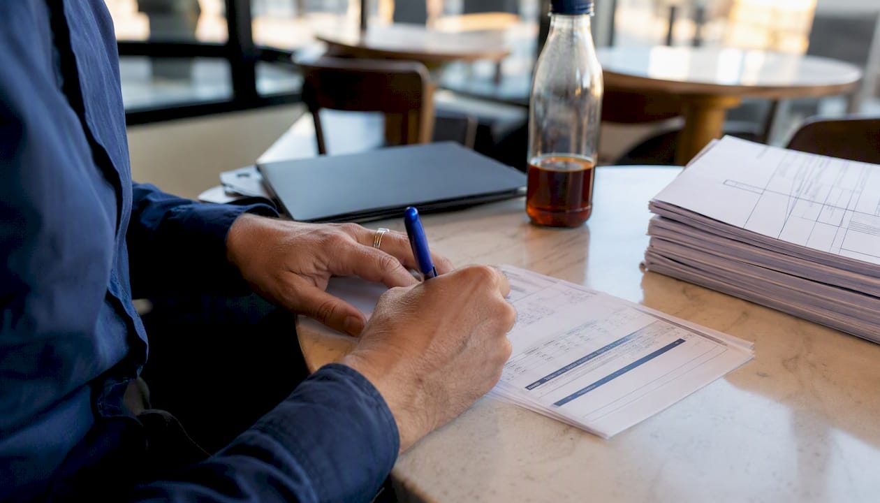 Hands annotating logistics textile sourcing report