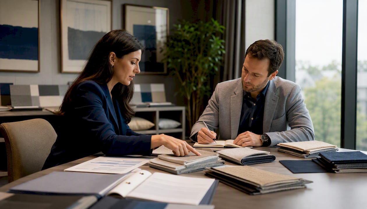 Procurement team reviewing fabric samples