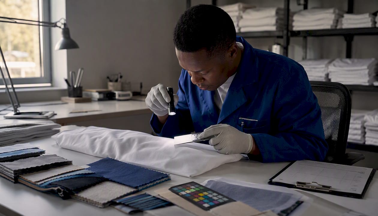 Hands inspecting fabric defects with tools