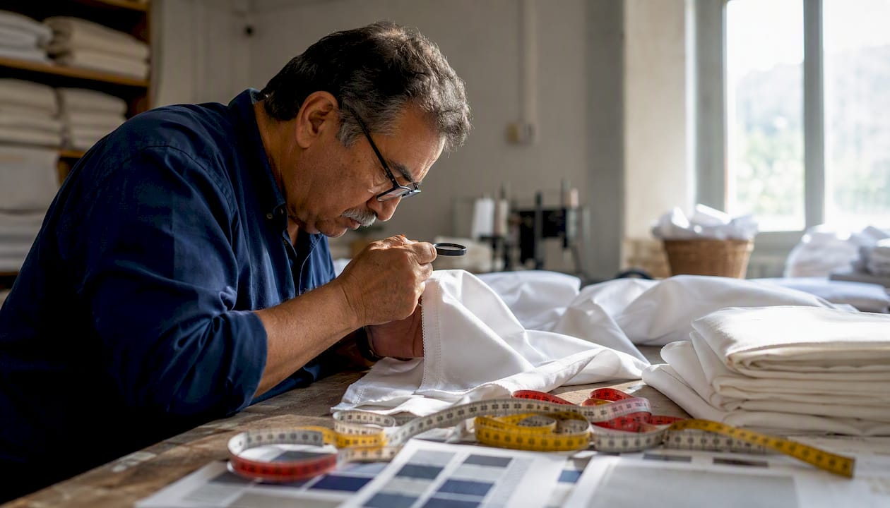 Inspector checking textile seam and stitch quality