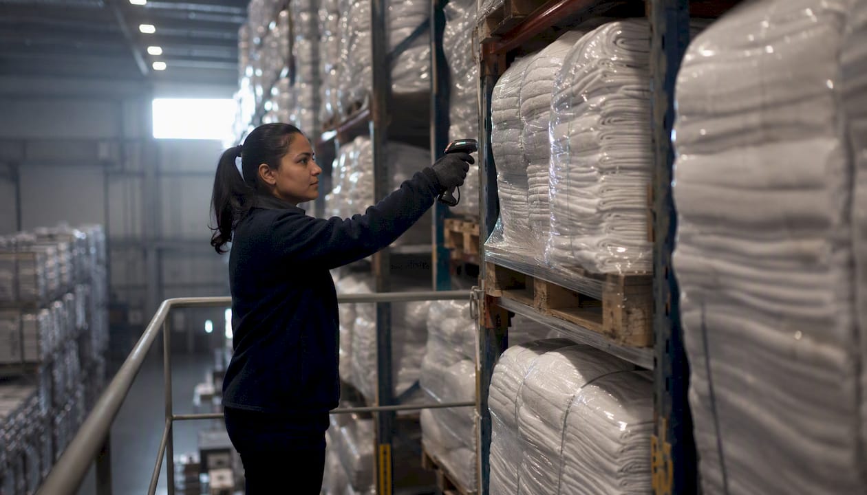 Warehouse storing white towels and linens