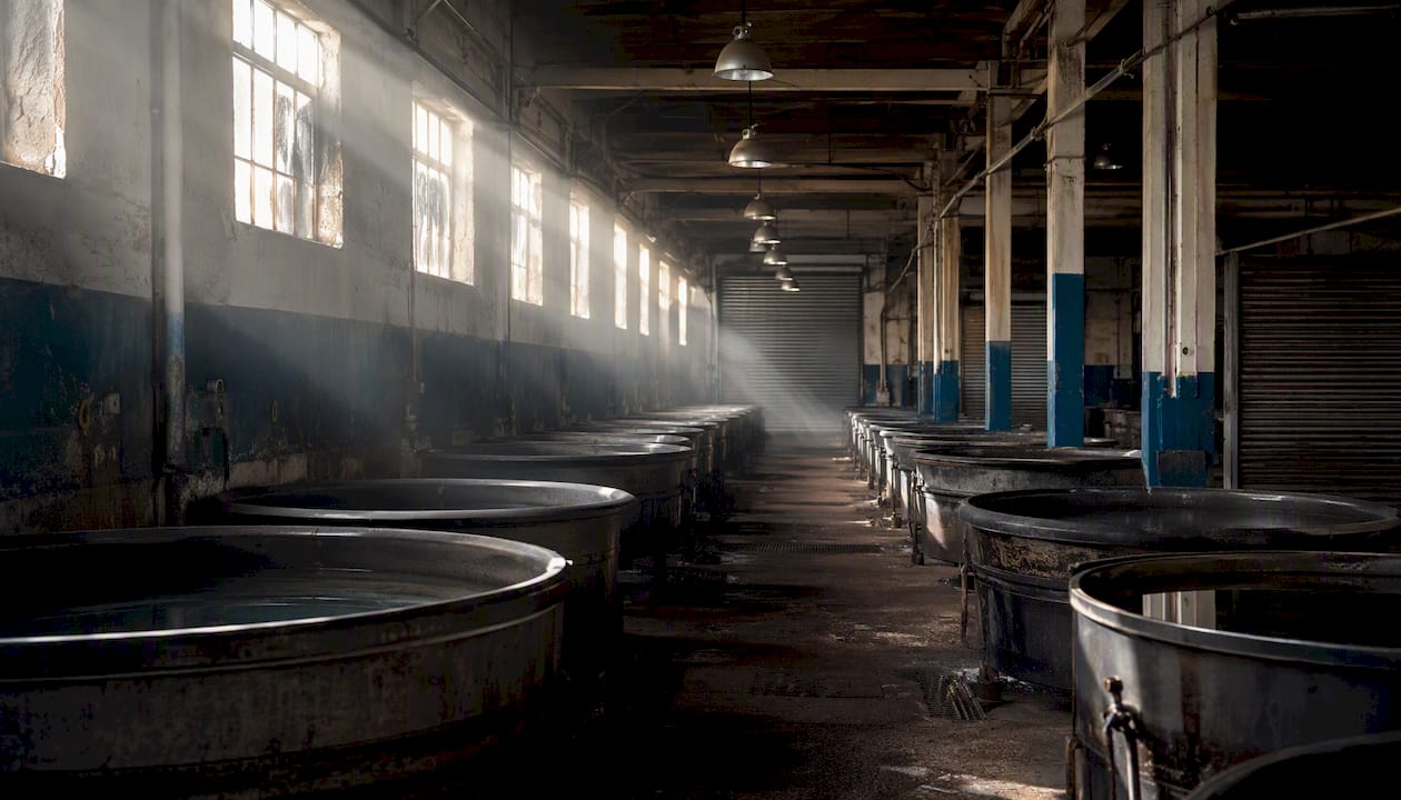 Empty textile dyehouse with closed vats