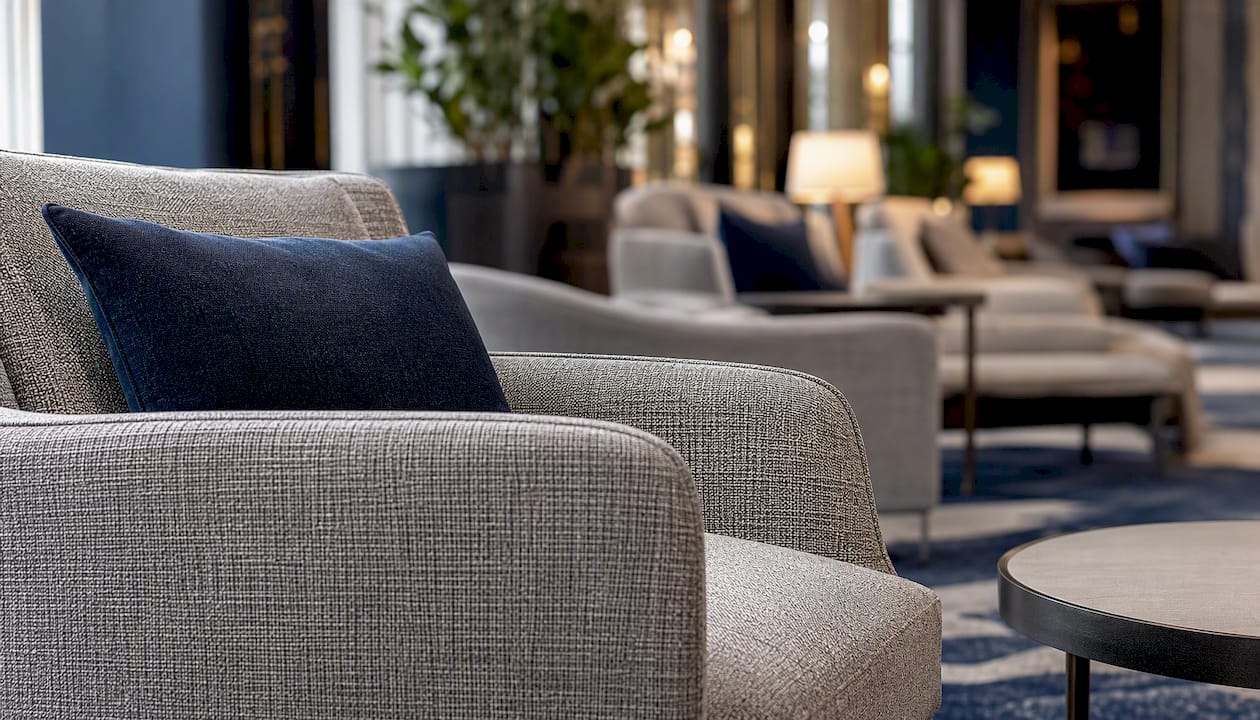 Textured upholstery fabric detail on hotel lobby seating