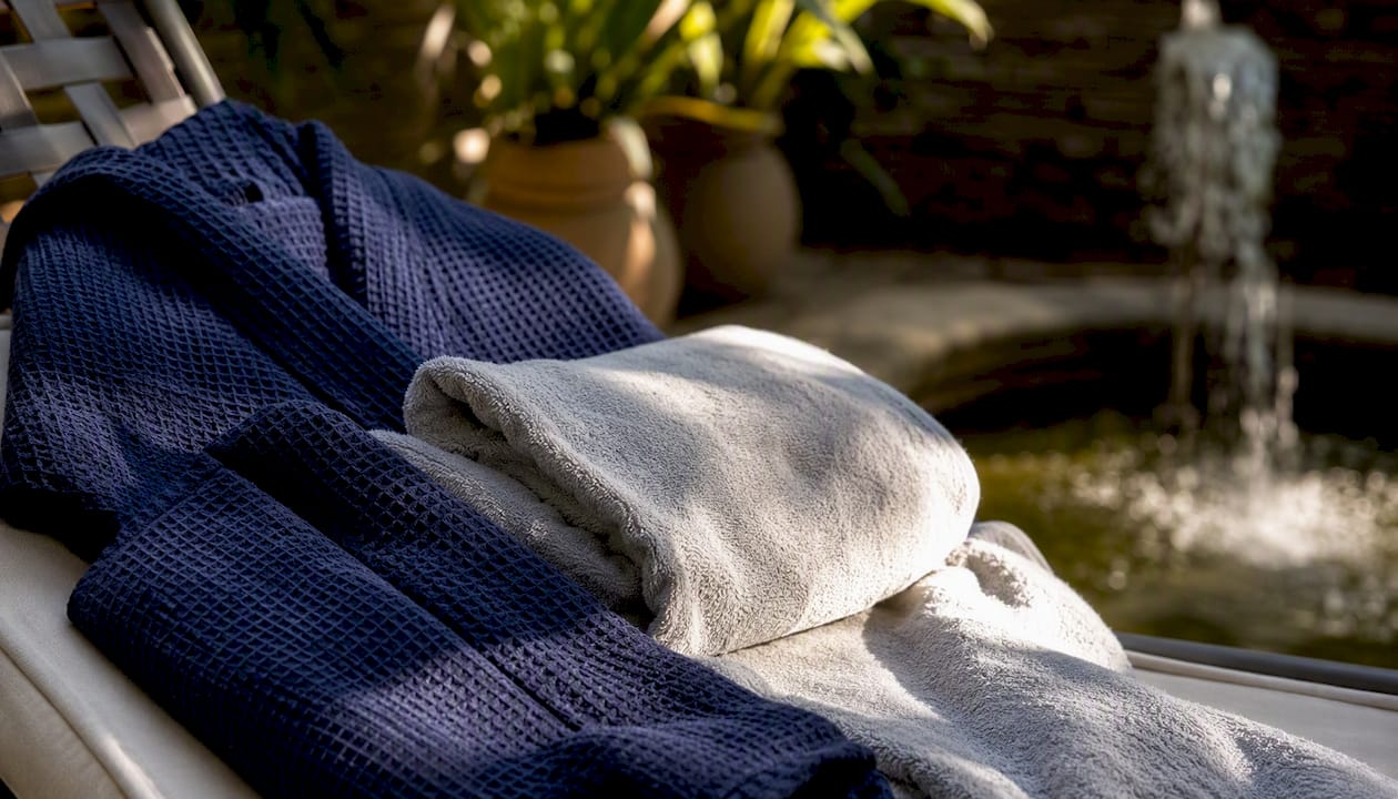 Close-up of textured hotel spa towels and robes