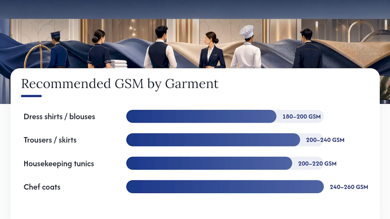 Diagram of garment types with GSM, wash temp, detergent notes