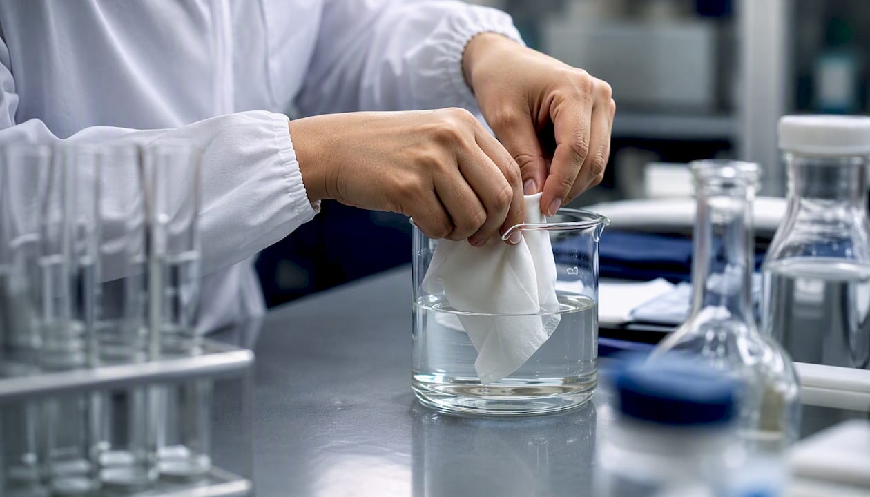 Hands testing textile cleaning resistance in lab
