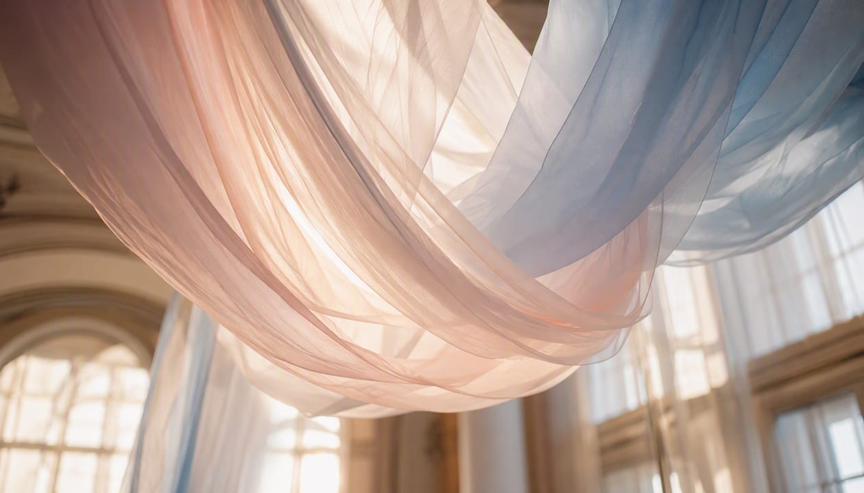 Sheer ceiling drapes diffusing light