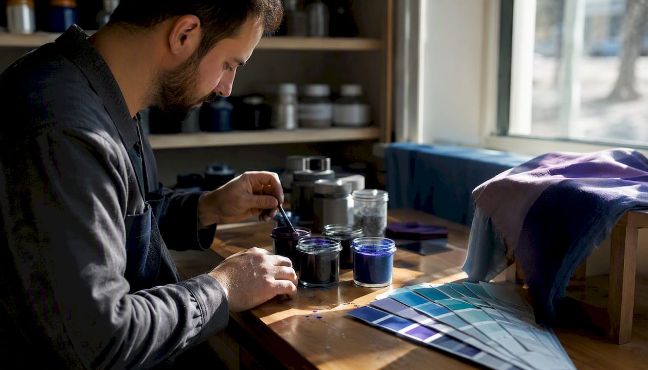 Technician mixing dyes for custom textile color