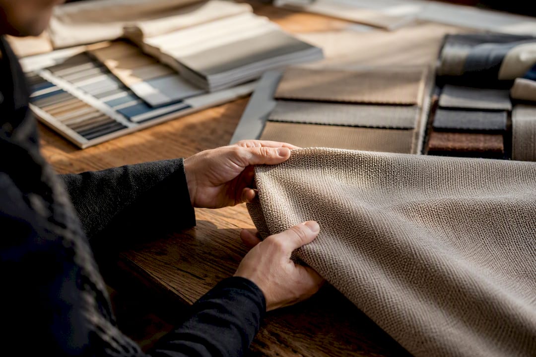 Hands inspecting hotel curtain fabric sample