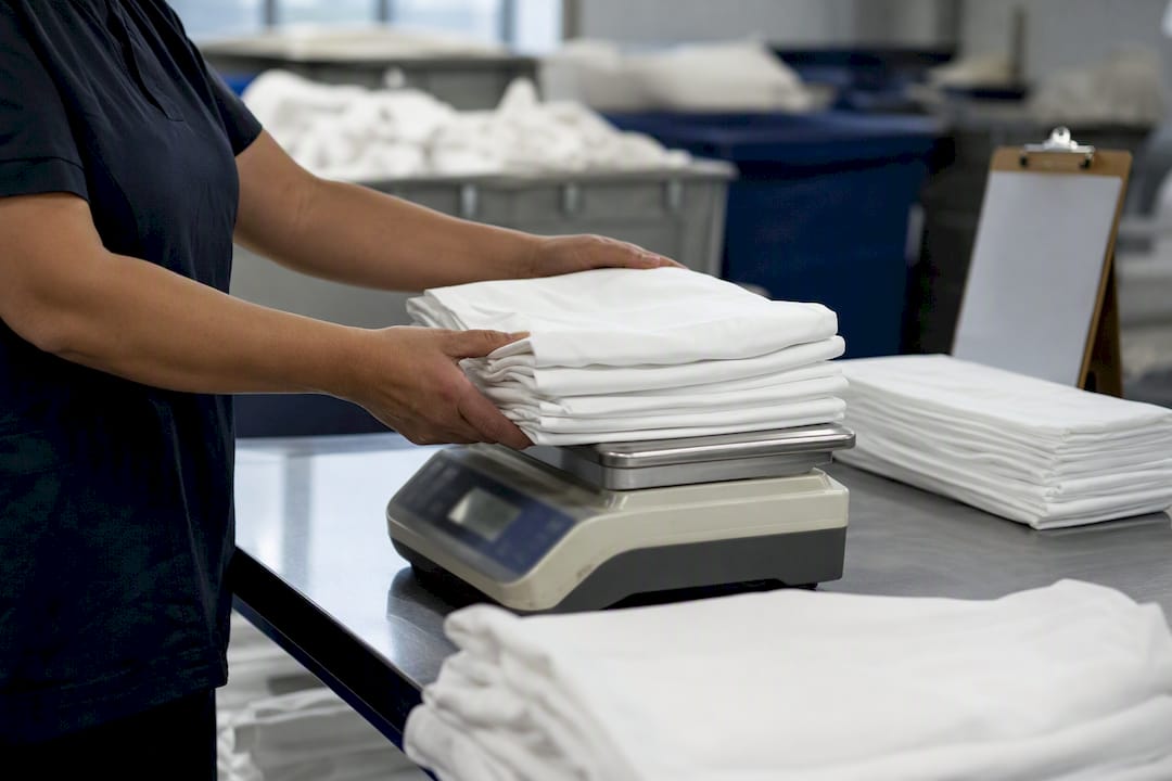 Weighing linens on laundry scale