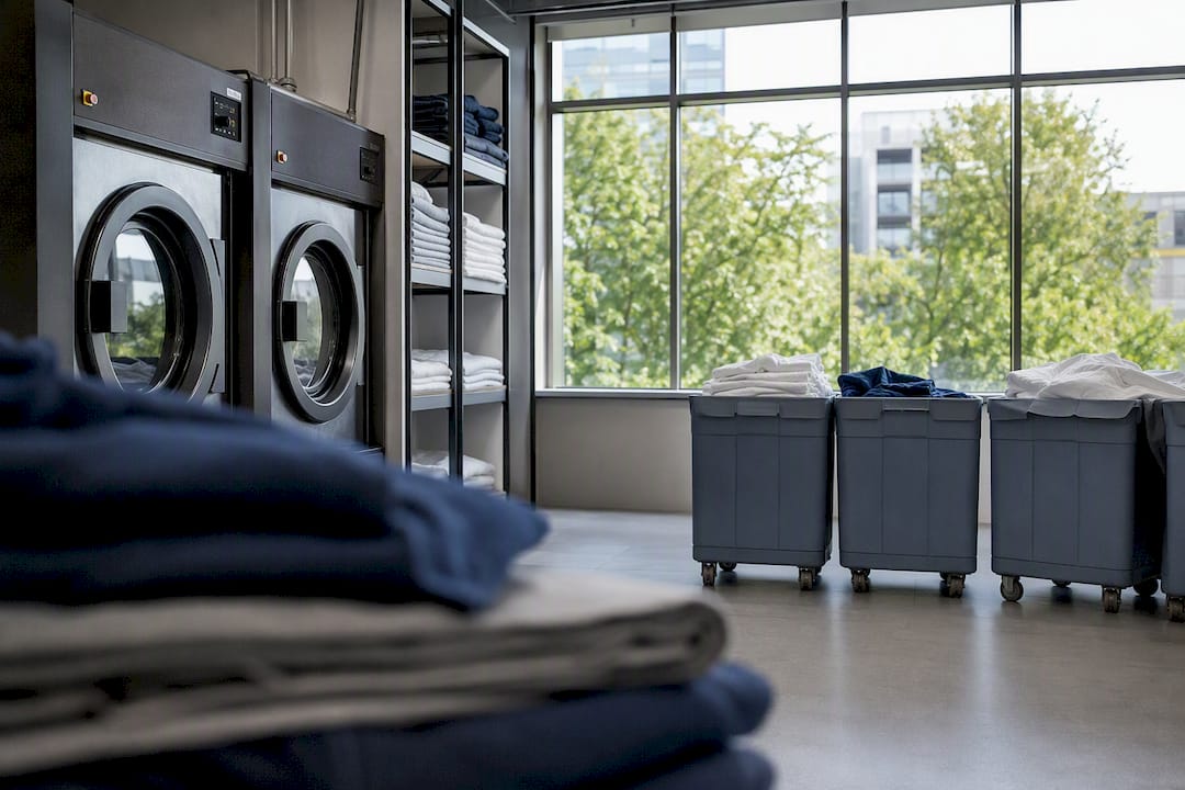 Hotel laundry room with folded linens and machines