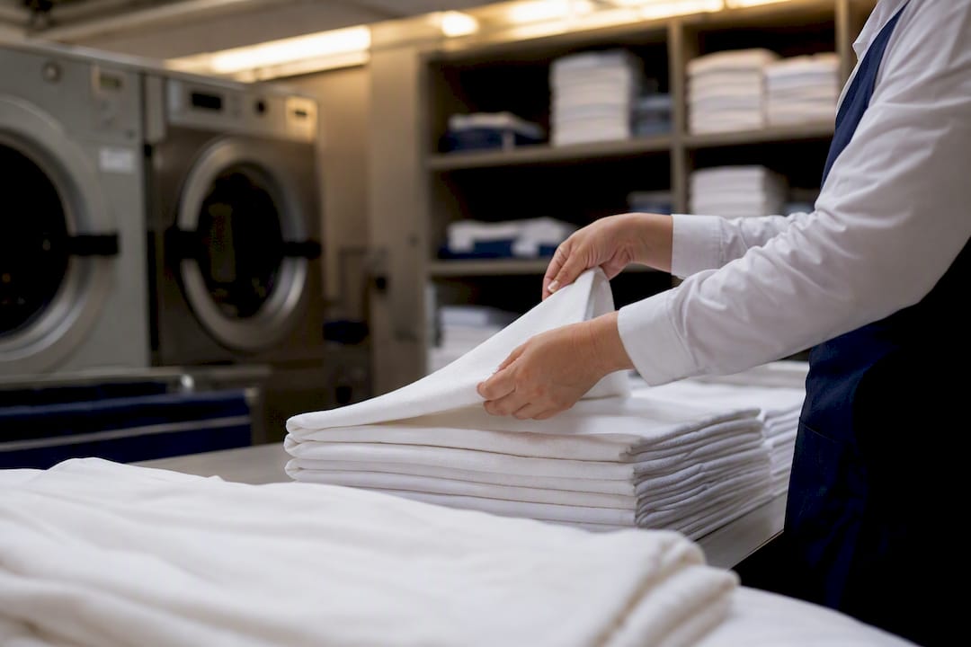 Hands folding soft cotton linens in hotel laundry
