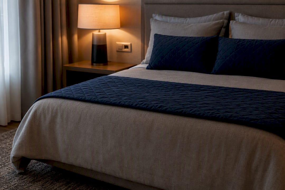 Seasonally styled hotel bed with runner and cushions