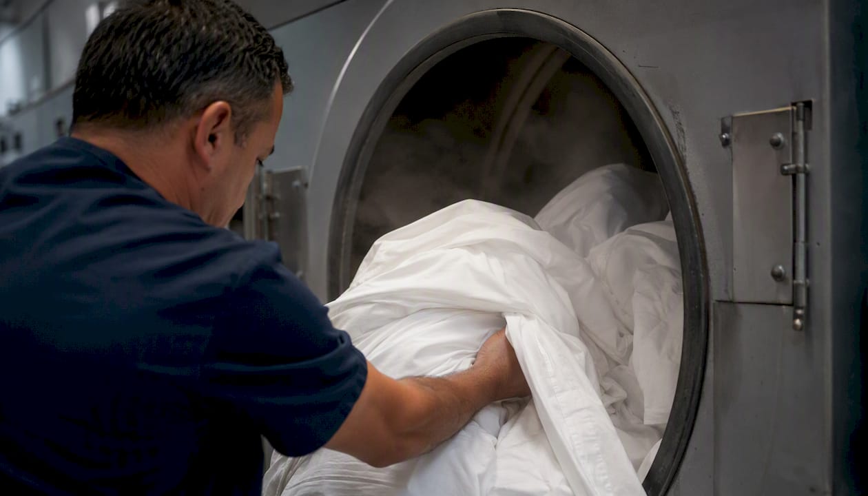 Hotel linens in industrial laundry dryer drum