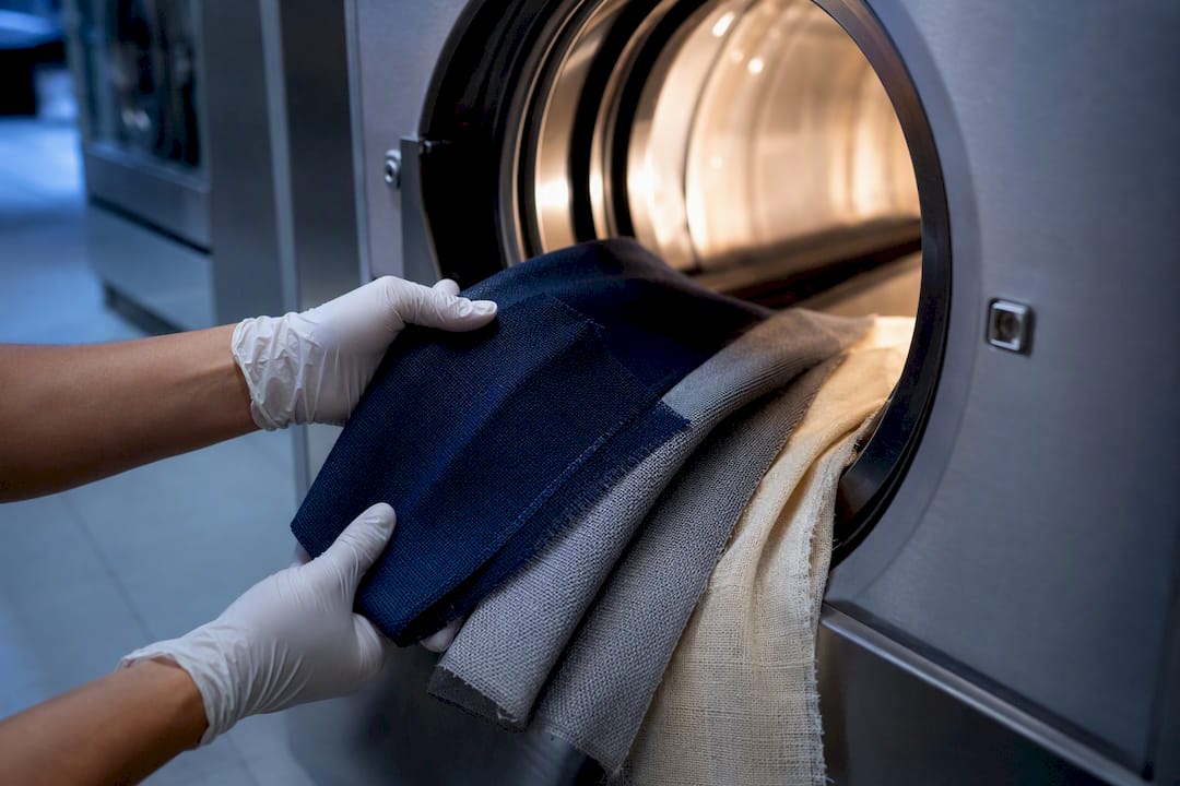 Fabric samples undergoing commercial wash testing