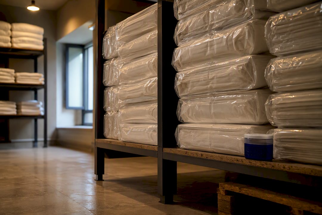 Protected packaging stored on raised hotel shelving