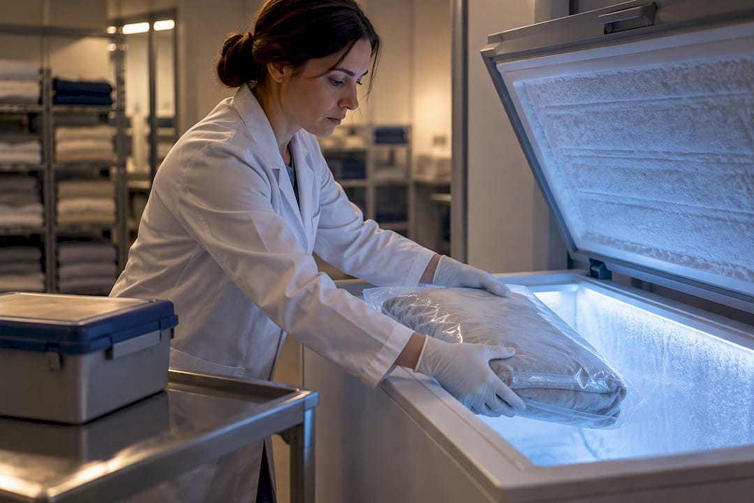 Conservator freezing sealed textile bundle