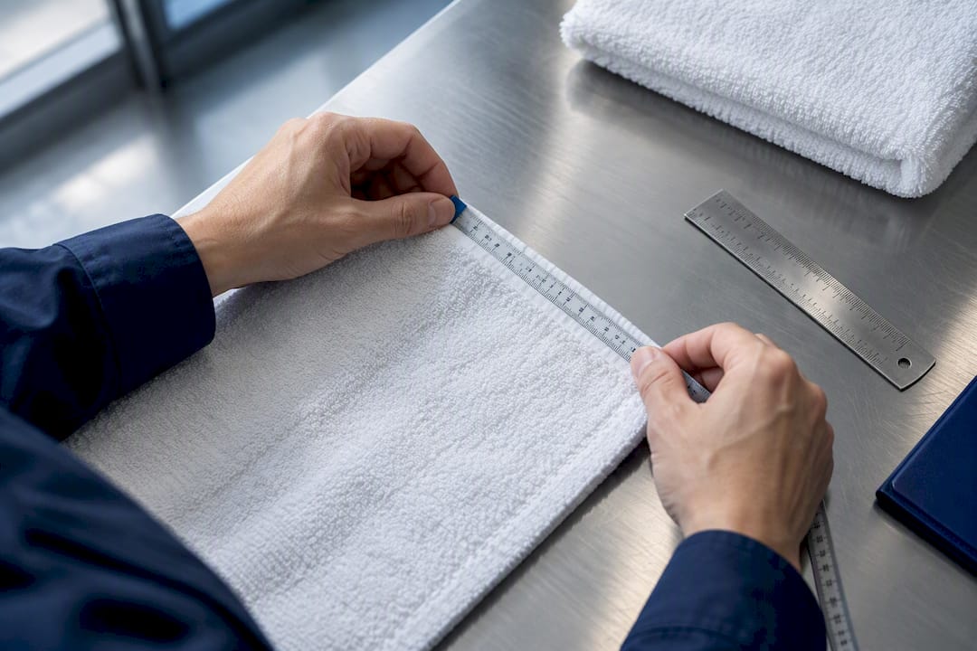 Technician measuring a laundered towel edge