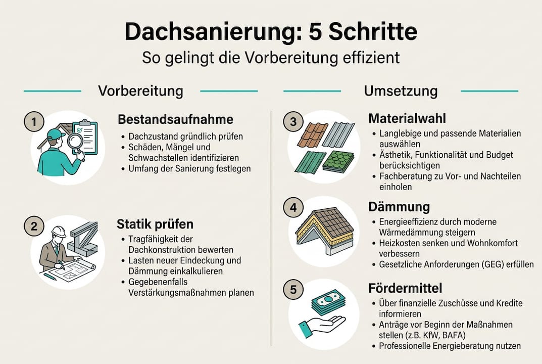 Infografik: In 5 Schritten zur erfolgreichen Dachsanierung – Von der Planung bis zur Umsetzung