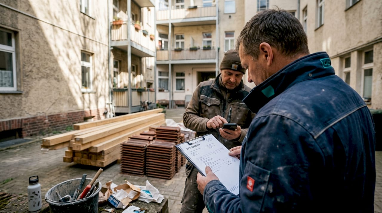 Bevor die Handwerker mit der Arbeit beginnen, prüfen sie die angelieferten Baumaterialien anhand des Lieferscheins auf Vollständigkeit und Qualität.