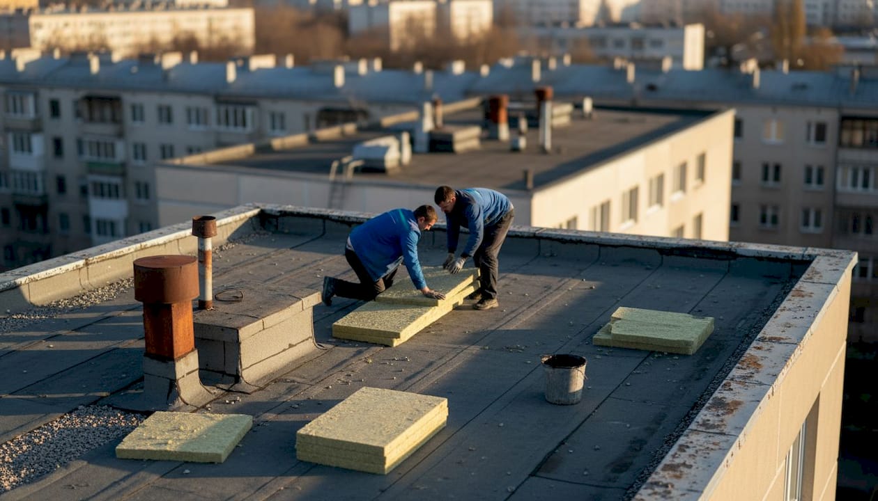 Auf dem Flachdach bringen Handwerker eine neue Dämmschicht an.