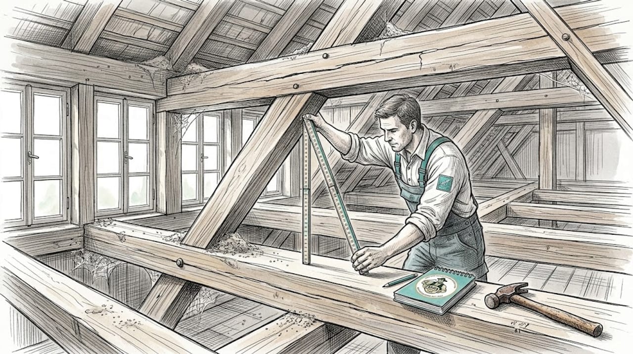 Detaillierte Ansicht eines Pfettendachs bei der handwerklichen Arbeit – mit Zimmermann und Werkzeug vor Ort